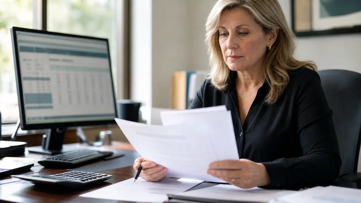 Finance director comparing a software quote with a budget spreadsheet at her desk
