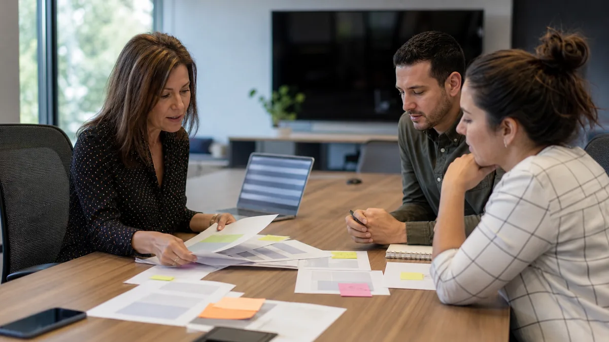 Operations manager and two colleagues reviewing printed idea proposals at a conference table
